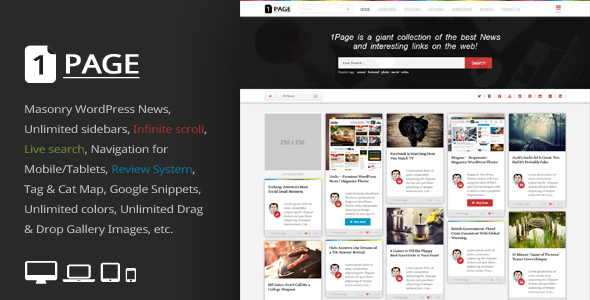 Discover 1Page - Masonry WordPress News  Interesting Links theme on ThemeForest. Perfect for sleek