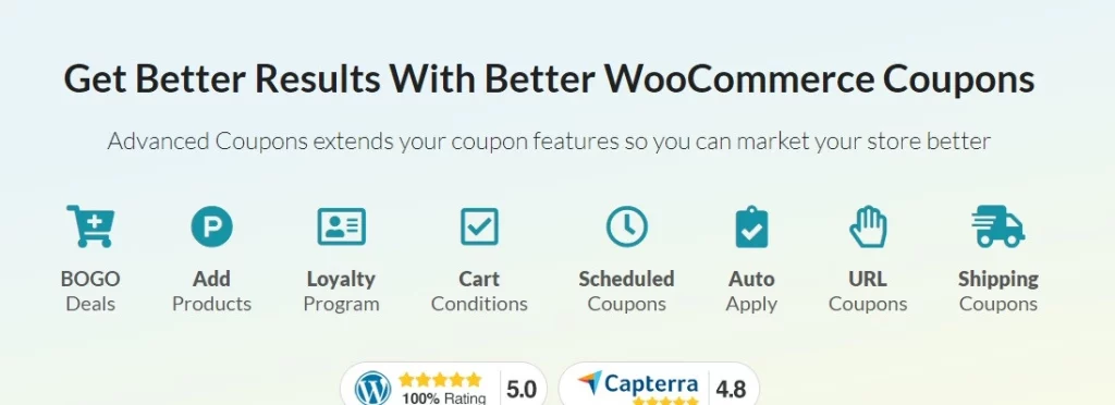 Standard WooCommerce coupons are boring and ineffective. Advanced Coupons is the best WooCommerce coupon plugin because it will get more people to your store. BOGO Deals Create "Buy One Get One" deals with single products