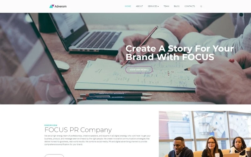 Create a professional website corresponding to the image of your PR company with Adverom theme. You will be able to present information about your company