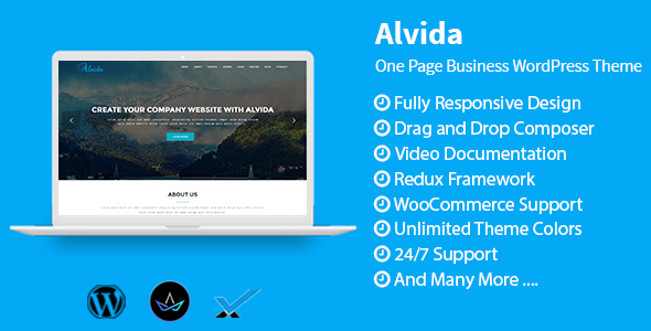 The Alvida one-page business WordPress theme is a modern and professional template designed for business websites. It offers a clean and minimalistic design with a focus on showcasing your company's products and services. The theme is fully responsive