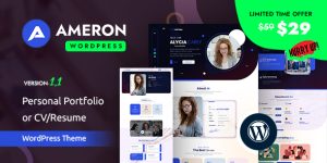 Showcase your work with the Ameron theme – tailored for personal portfolios and resumes. Subscribe to Bevaultx for access to top themes and plugins.