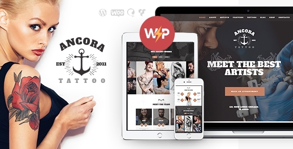 Elevate your tattoo salon with the Ancora Tattoo Salon and Ink Shop WordPress theme. Showcase your work