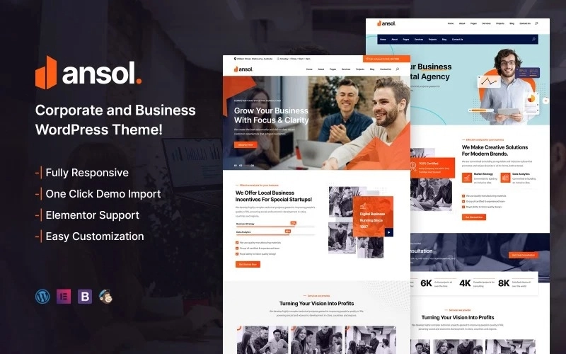 Using the Ansol Corporate  Business WordPress theme you may make a lovely modern website for any services offering business. This theme commonly makes for company and business associated websites