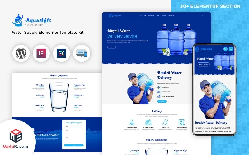 Aquashift is used for natural water delivery service and that can help you boost your sales and made with Elementor and content of diverage and cold form.