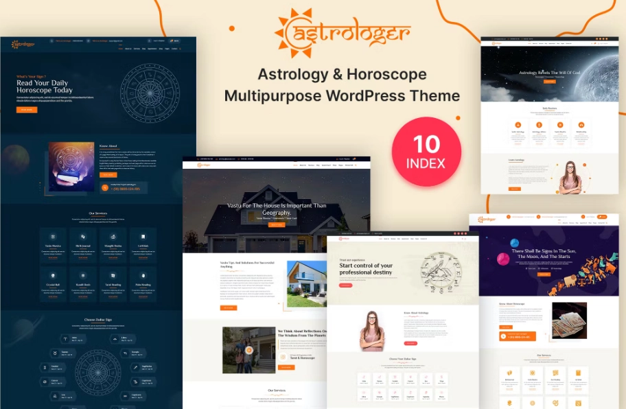 Astrologer - Horoscope and Palmistry WordPress Theme is an attractive and intriguing WordPress Theme for Astrologers. This Theme comes with Elegant and very Detailed Home Pages with neat slider animations. You can display all the different Astrology related services with this WordPress Theme like Horoscopes readings