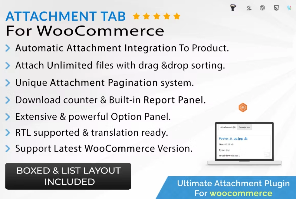 Attachment Tab For WooCommerce plugin provides a great way to attach files to a product description page. The plugin automatically creates a custom  dedicated tab for the attachments