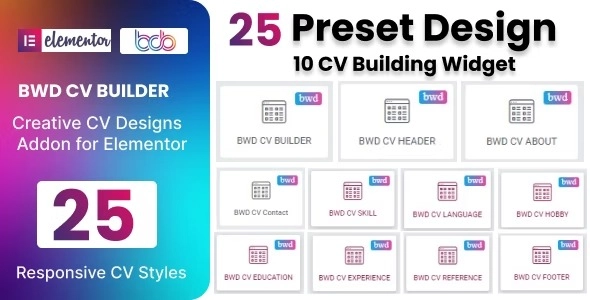 Create stunning CVs on your WordPress site with BWD CV Builder for Elementor. Choose from 25 designs and 10 widgets