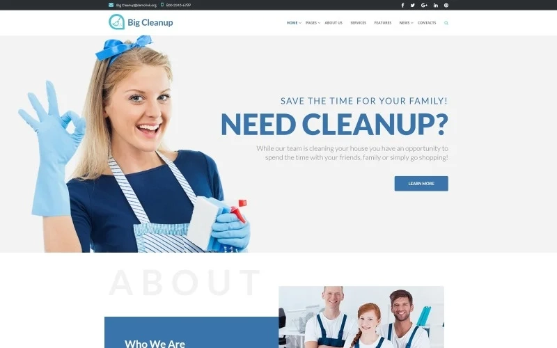 Need the coolest theme to present your cleaning company in the best light? Meet this fully responsive Big Cleanup with its truly intuitive nature! This janitorial WordPress theme boasts an ultra clean design