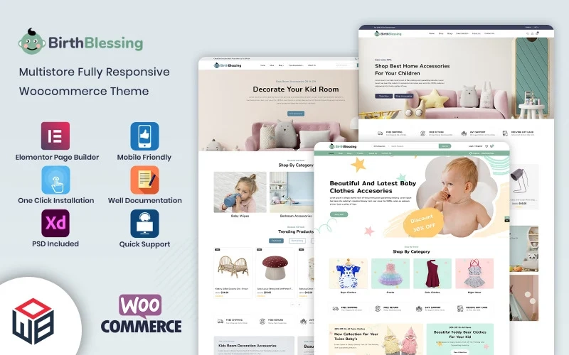 Transform your eCommerce vision with BirthBlessing – Kids Clothing  Toys WooCommerce theme! Effortlessly create or redesign your webshop with its user-friendly Elementor builder