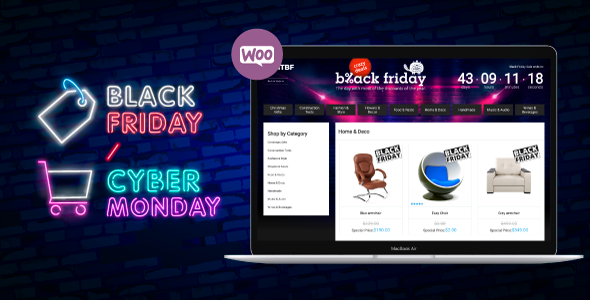 Our Plugin “ModelTheme Black Friday” is compatible with WooCommerce and it can be used with many of the free and premium WordPress themes. It is perfect for Black Friday  Cyber Monday Campaigns; Permanently updated