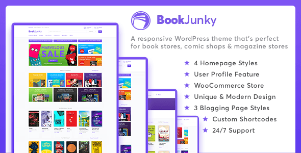 Looking to create an awesome online bookstore? Meet BookJunky – WooCommerce Book Store for WordPress! This versatile WordPress theme is perfect for bookshop owners