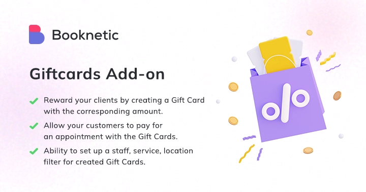 Enhance your booking system with Booknetic – Giftcards Addon. Effortlessly create