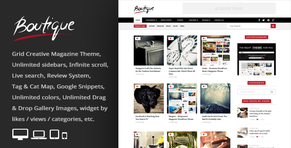 Hey WordPress fanatics! Let me introduce you to the Boutique Grid | Creative Magazine WordPress Theme. This WordPress theme is a stylish and flexible solution perfect for creative magazines