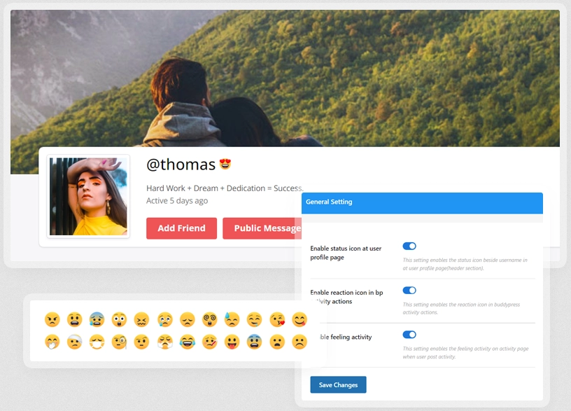 Enhance your BuddyPress community with customizable icons and dynamic status updates. Foster interaction and fun with BuddyPress Reactions and Status!