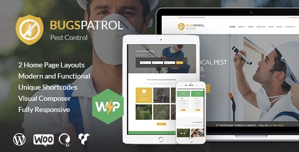 The "Bugspatrol" WordPress theme is designed for pest control service companies. It features a modern and clean design