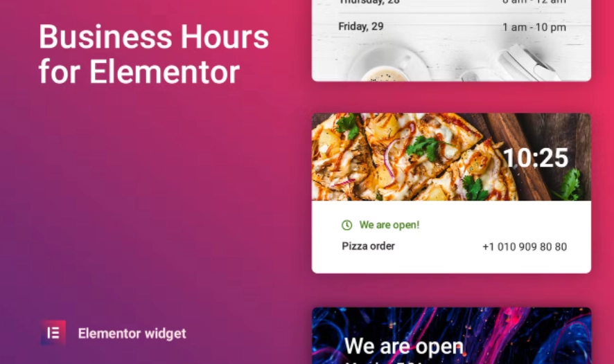 This is a business hours widget for the Elementor Builder. The widget displays the schedule of the company in real-time