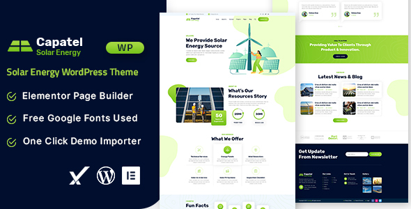 Capatel - Solar Energy WordPress Theme The Capatel - Solar Energy WordPress Theme is your go-to solution for creating a sustainable and visually stunning website. Designed specifically for the solar energy sector