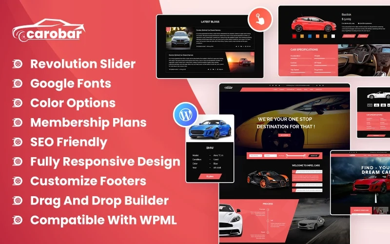 Car-O-Bar Car Dealer WordPress Theme is here to showcase your classic cars with stylish appearance of the theme. It's an all-in-one marketplace for selling and buying new cars and old/used cars