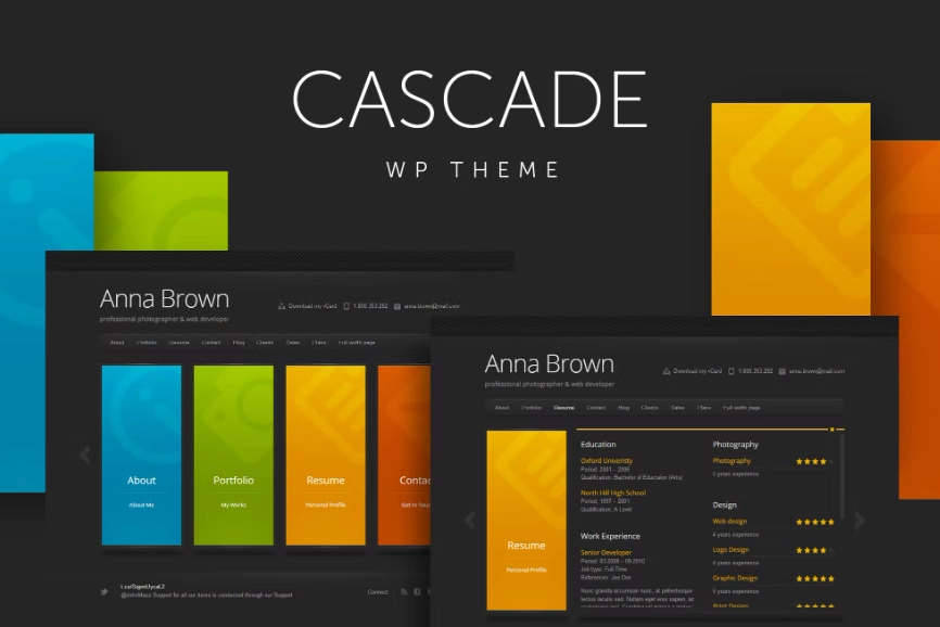 Cascade is a minimalistic personal vCard WordPress Theme based on colorful vertical menu tabs. Tabs are presenting content of the pages. Each page is a single tab. The Theme comes loaded with dark and light skin