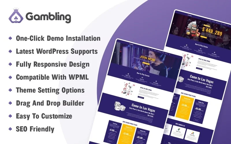 Gambling - Casino and Gambling WordPress Theme is developed to give a fresh and engaging look to your online casino and gambling business. if you deal in poker