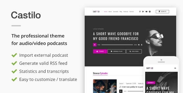 Looking to create a professional-looking podcast website to ensure your audio content stands out? Look no further! The "Castilo Audio Podcast WordPress Theme" is your go-to solution. With all the features you need to run a successful podcast