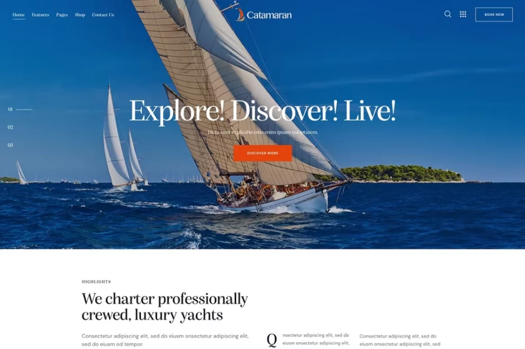 Catamaran is a modern and alluring premium WordPress Theme. It is crafted for an online presentation of yachts business and boats rental services. You can use it for renting a single yacht  boat or modify it as a corporate company page for any sales / rental agency.