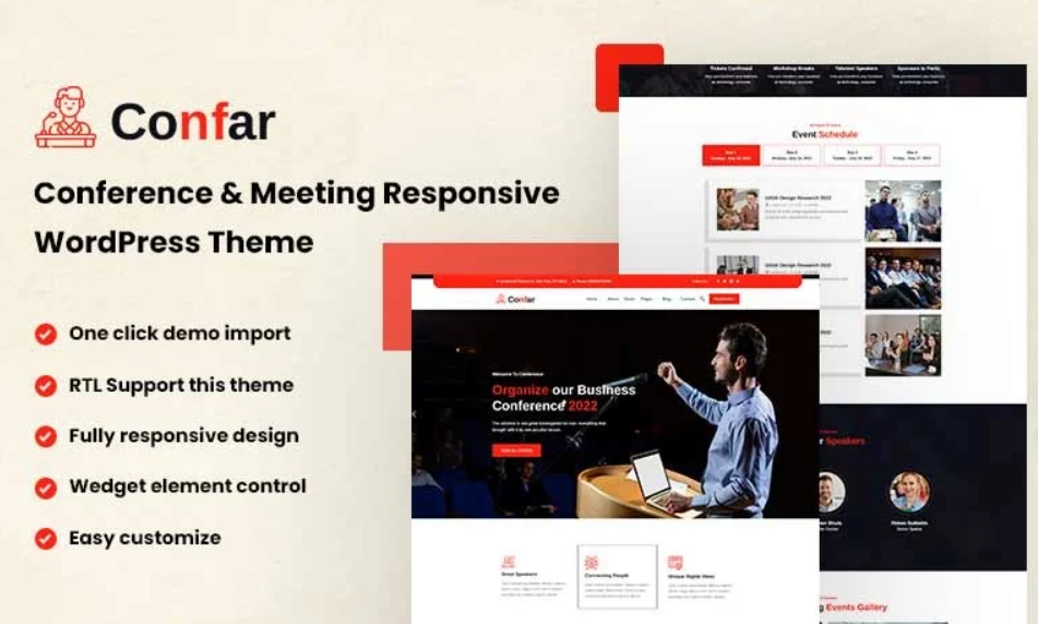 Elevate your event with Confar – the ultimate Conference WordPress Theme! Featuring customizable layouts