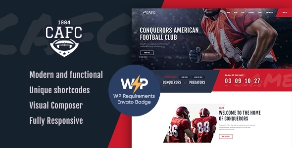 Conquerors - American Football Club WordPress Theme Meet the ultimate sports theme for American football fans - the Conquerors American Football Club! This WordPress theme is designed to cater to the needs of football clubs