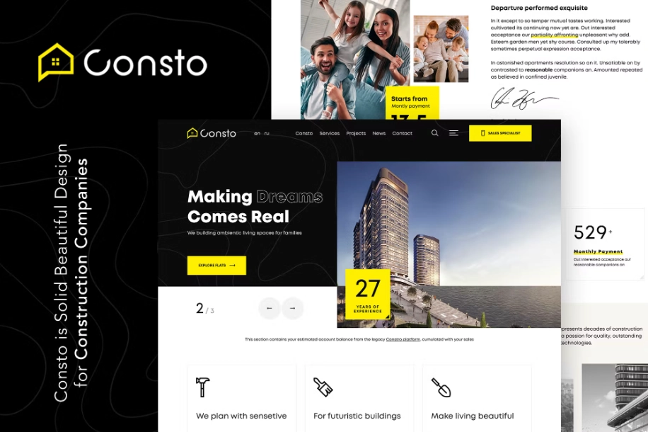 Consto | Industrial Construction Company WordPress theme has beautiful solid design. Also builded on most popular drag and drop page builder WP Bakery. Theme can implament for all construction and building companies. Amazing slider makes item more attractive and unique. As always responsive and retina ready.