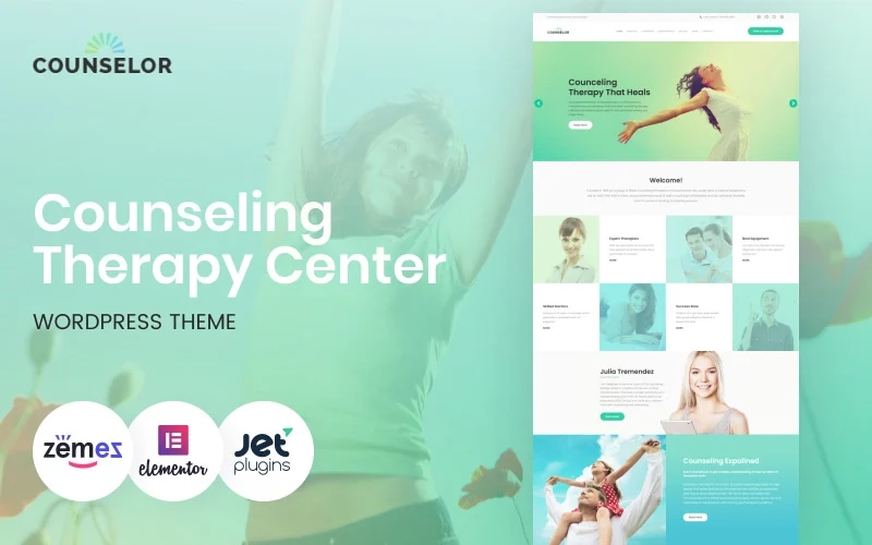 Counselor - Counseling Therapy Center WordPress Theme Create an eye-grabbing website for your physiology therapy center using this fully responsive and well-documented theme. A wide range of pre-loaded features will help you to showcase your therapy center in the best light. Fast performance