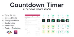 Countdown Timer Elementor Addon plugin is displaying countdown timer widget will makes your content more interactive. The widget be equipped with content ( after expiration ) or redirection. Features Content Expiration Evergreen Mode Motion Effects Style Customization Countdown Format Countdown Labels Redirection