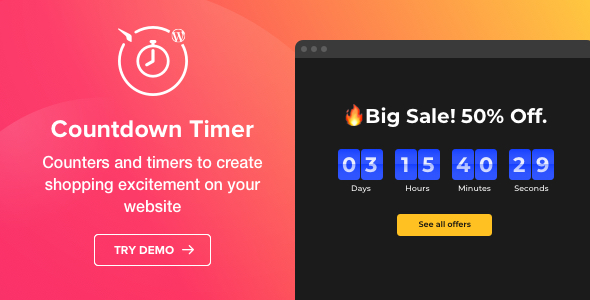 Boost your site's excitement with Countdown Timer – WordPress Countdown Timer Plugin. Perfect for events