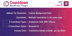 Welcome to Countdown for Elementor. Add your countdown in just one click. Features: Addons For Elementor Countdown 3 Countdown Types 3 Countdown Styles Custom Color Custom Background Color Multiple countdowns on the same page Animations with 200+ Effects Responsive Translation Ready (include .po/.mo files)