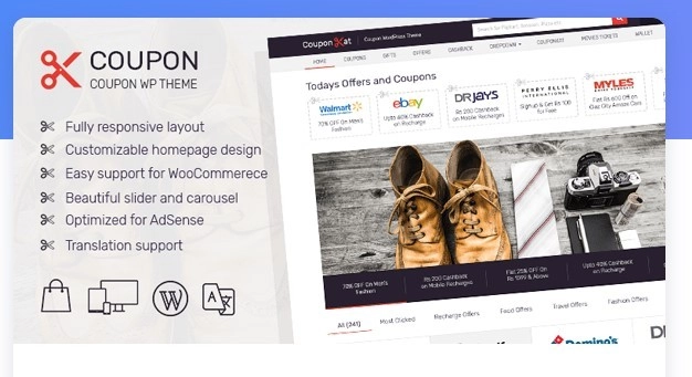 Coupon WordPress Theme is a beautiful and professional theme built from the ground up for the coupon business. Impress your visitors and convert more sales with this highly professional and fully customizable theme. The best theme for selling coupons