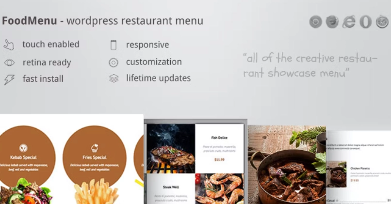 FoodMenu is the ultimate Restaurant Menu display for your website. It comes packed with 5 totally different modes and 4 different skins ( so many combinations possible ) to fit every creative mind and website.