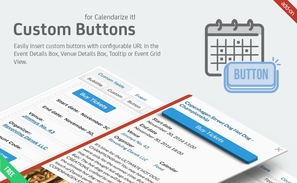 Easily insert custom buttons with tailored labels and actions in your event details. Enhance engagement and integrate smoothly with free WordPress themes.