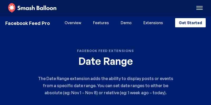 The Date Range extension adds the ability to display posts or events from a specific date range. You can set date ranges to either be absolute (eg: Nov 1 – Nov 8) or relative (eg: 1 week ago – today).