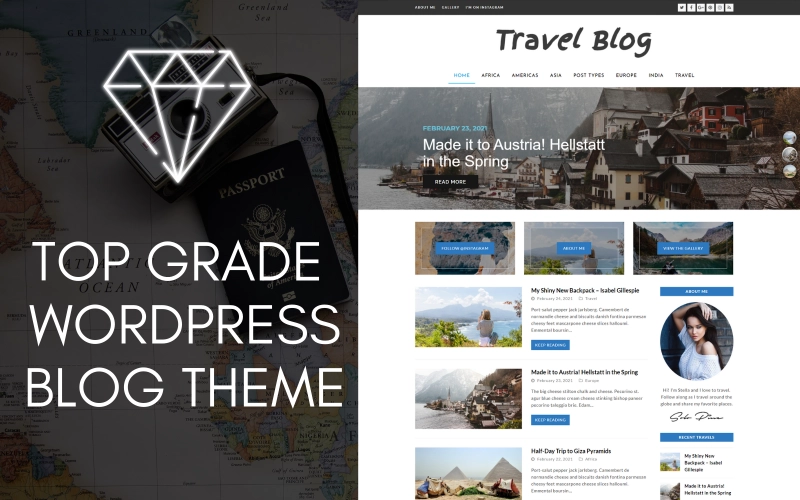 The Perfect Wordpress Travel Theme. Suitable for all bloggers who want to tell the whole World about themselves! Powerful Customize Advanced Layered Navigation Unlimited Google Fonts Site Identity Header  Footer Style Options Amazing Slider built-in (Revolution) Unlimited colors SEO Optimized Amazing Layout Variations Newsletter Support Responsive  Retina Ready