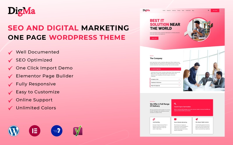 DigMa is Fast  Modern SEO  Digital Marketing One-Page WordPress Theme with fully responsive and mobile friendly. Using the latest WordPress technology and support various of popular Wordpress plugins. DigMa supports responsive layout so it looks great on all devices. The theme is supported and compatible with Elementor Page…