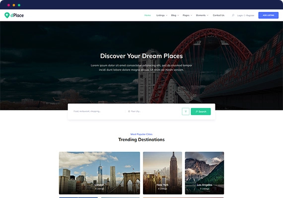 dPlace theme is tailored to meet all the nitty gritties to build attractive mobile responsive travel agency directory websites. As a full-fledged theme