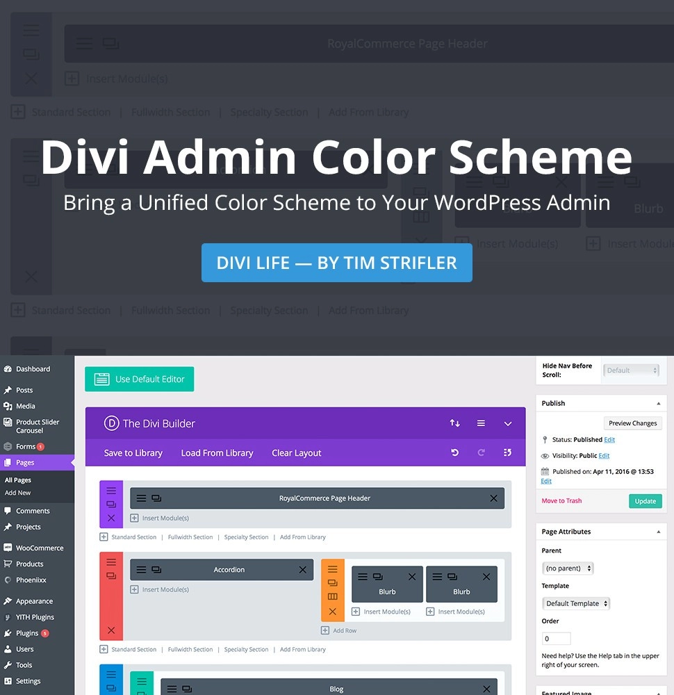 Divi Admin Color Scheme unifies the appearance of your WordPress admin panel by bringing a new color scheme that matches the colors of the Divi Page/Post Builder