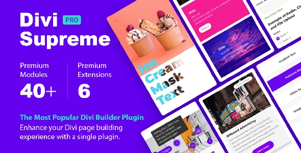 Divi Supreme enhances the experience and features found on Divi and extend with 41 and counting custom Divi creative modules and 5 Divi extensions to help you build amazing websites.