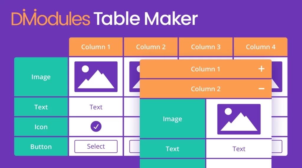 Divi-Modules – Table Maker brings beautiful responsive tables to the Divi Builder. Style every part of the table from Content to Columns