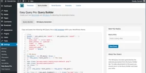 A visual query builder plugin for WordPress. Easy Query Pro is the fastest way to build and display complex queries without touching a line of code. Visually build a custom  easy_query  shortcode and  WP_Query  code snippet based on the content of your website by adjusting various parameters in the Query Builder.