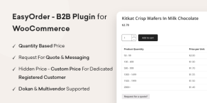 EasyOrder – B2B Plugin for WooCommerce is a plugin of WooCommerce  Dokan plugins that allow you to create independent quantity-based pricing options. Also via this plugin admin can set custom pricing for any registered user via messaging.