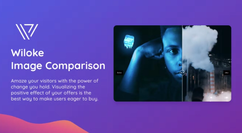 Wiloke Image Comparison -- Highlight Before-After Differences ---------------------------------------------------------------- Wiloke Image Comparison is a simple and visual way to highlight the before-after situations between 2 images. It supports interactive drag-to-comparing that engage customers. ### Compare  Contrast in seconds Wiloke Image Comparision helps you to see any difference between two images