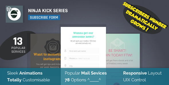 Ninja Kick: Subscription WordPress Plugin is a premium list building plugin that adds subscription form with a push/sliding animation effect and clean design on your WordPress website or blog. It’s a simple-to-use yet powerful tool with a lot of opening patterns and analytics available. With this product