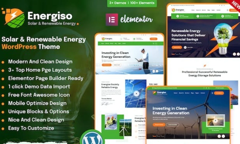 Energiso is a stylish WordPress Theme with modern industrial design that is an ideal option for a renewable energy supplier