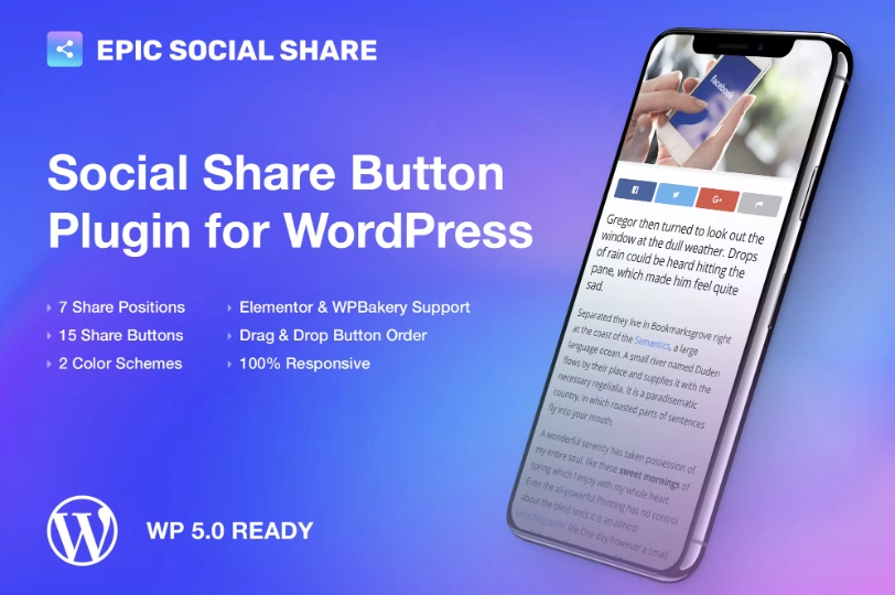 Social Share Button Plugin for WordPress Epic Social Share is a premium social share button plugin for WordPress. It’s allows you to add share buttons very easy