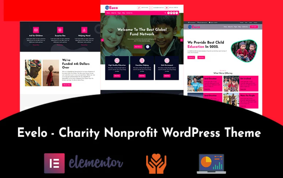 Evelo is a premium WordPress theme designed for children's charities and nonprofits. With its vibrant design